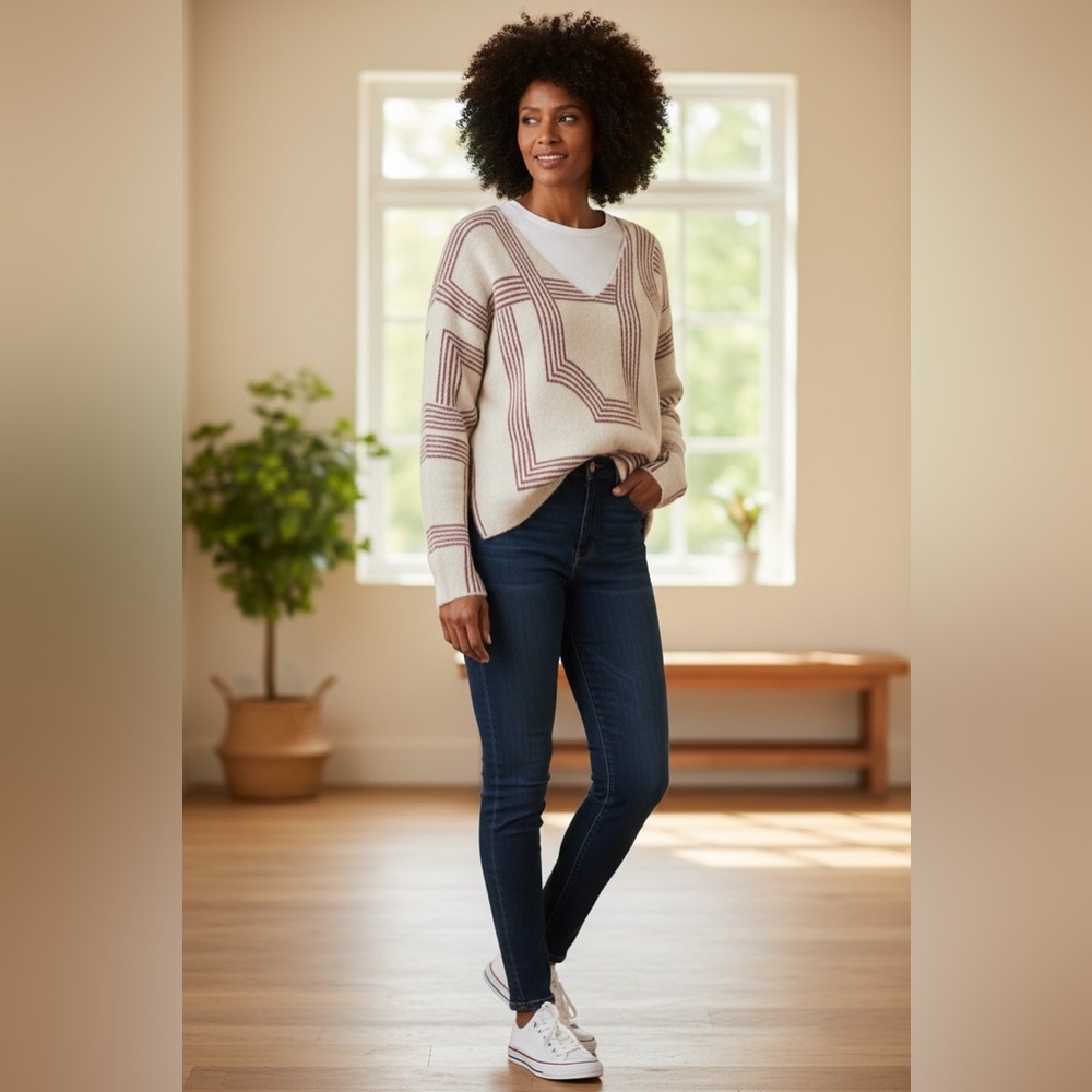 H&M V-neck Sweater - Beige/Maroon